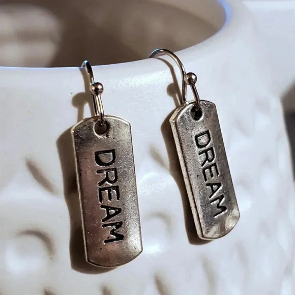 Handcrafted Dream Inspirational Word Message Carved Silver Black Earrings - Picture 1 of 9